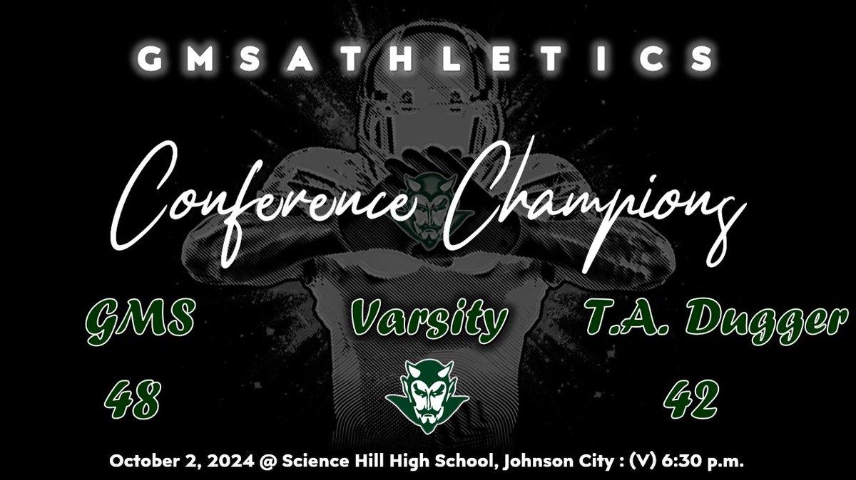 GMS Athletics, Football
Congratulations to the GMS Football team on their Conference Championship win tonight vs. T.A. Dugger.
With tonight's win, GMS is Back-to-Back Undefeated Champions. 
#BACK2BACK #RISEasONE 
@gms_tn <a href="/racheladamstn/">Dr. Rachel Adams</a> <a href="/CoachMcCall65/">Andy McCall</a> <a href="/GMSDEVILSFB/">Greeneville Middle School Football</a> <a href="/Sizemore48/">Adam Sizemore</a>