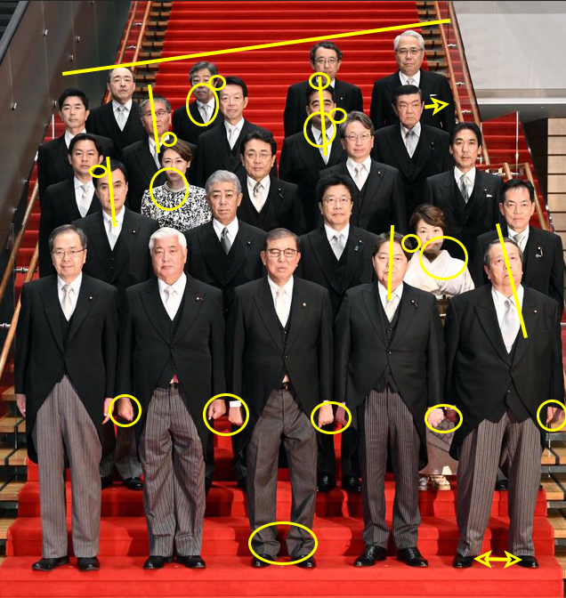 WatchoutTony's tweet photo. @AgingAnarchist まあカメラマンの責任が大部分。

・顔がかしいでいる
・足が開いている
・よそ見している
・手の指がグー
・顔に影になっている
・後列超斜め
・あちこち顔が近すぎる
・石破さんのズボンの裾。スタイリストつけないと駄目。 https://t.co/4vi9YYHFtC