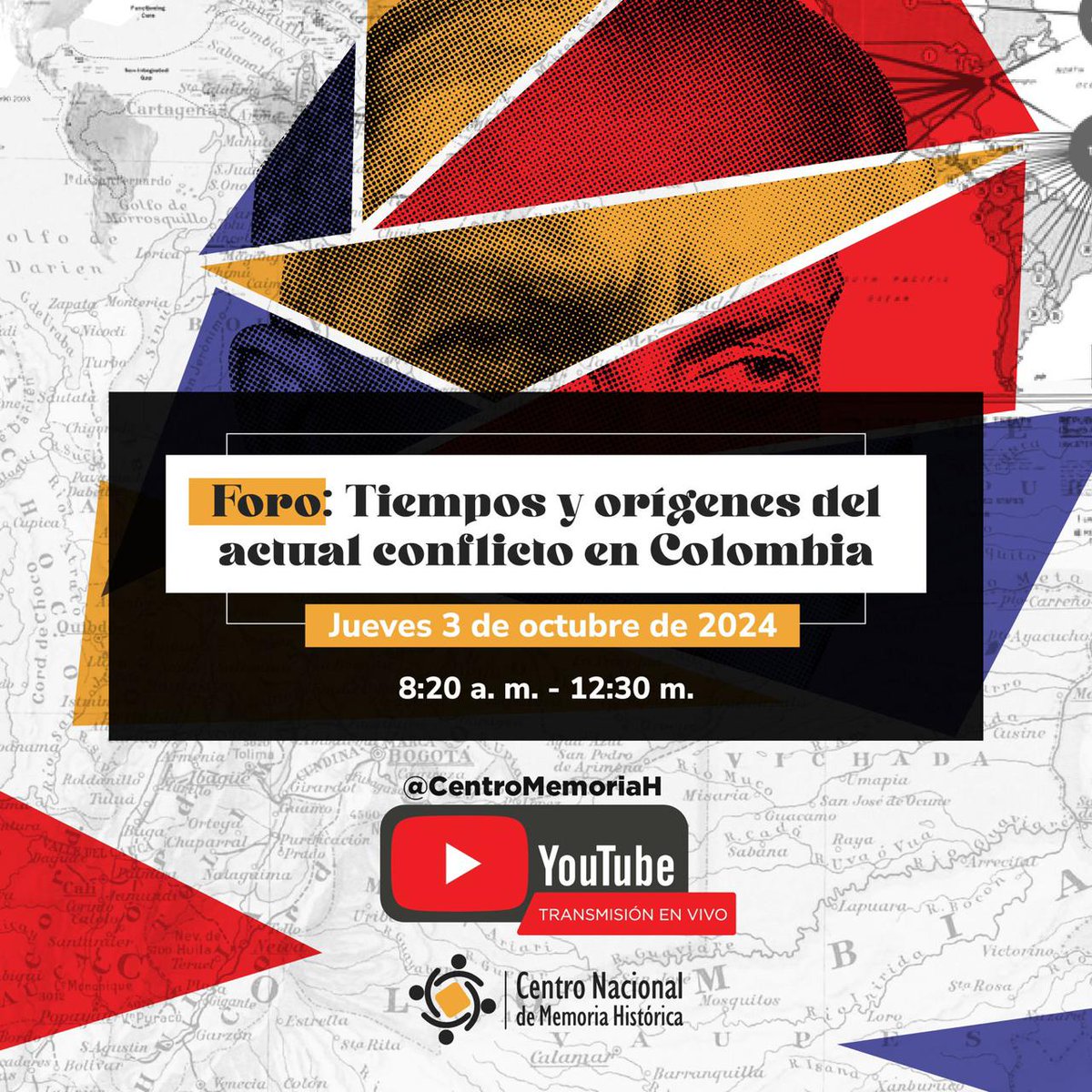 📢 Conéctate a la transmisión virtual del foro «TIEMPOS Y ORÍGENES DEL ACTUAL CONFLICTO EN COLOMBIA».🕊  

🗓 Jueves 3 de octubre
⏰ 8:20 a. m. - 12:30 p. m.
📍 Canal del YouTube <a href="/centromemoriah/">Centro Nacional de Memoria Histórica</a> 

👉🏽 youtube.com/@centromemoria…

¡Conéctate y comparte!
#LasMemoriasDelConflicto