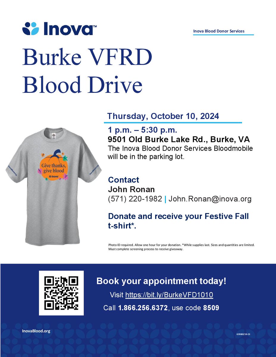 Be a hero and save a life! Join us for our blood drive on  Oct. 10  1 - 5:30 pm in our hall parking lot. Your donation can make a real difference in our community - register today! ❤️ #BloodDrive #SaveALife
Visit bit.ly/BurkeVFD1010 or call 1.866.256.6372, use code 8509