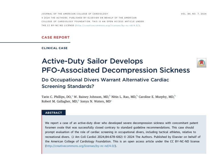 Thrilled to share my recent publication. I could not have done this without an awesome group of colleagues! 

doi.org/10.1016/j.jacc…

#divemedicine #decompressionsickness #pfo #cardiology #CardioX