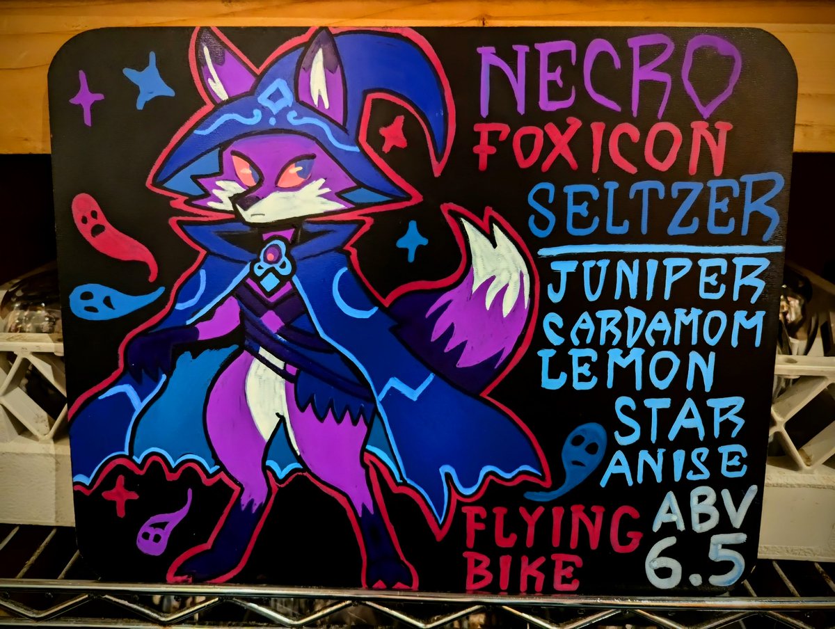 Necrofoxicon on tap now <a href="/VulpineTaproom/">Vulpine Taproom</a> 
Seltzer made in collaboration with <a href="/flyingbikecoop/">Flying Bike Brewery</a> 
Art made by yours truly ~
