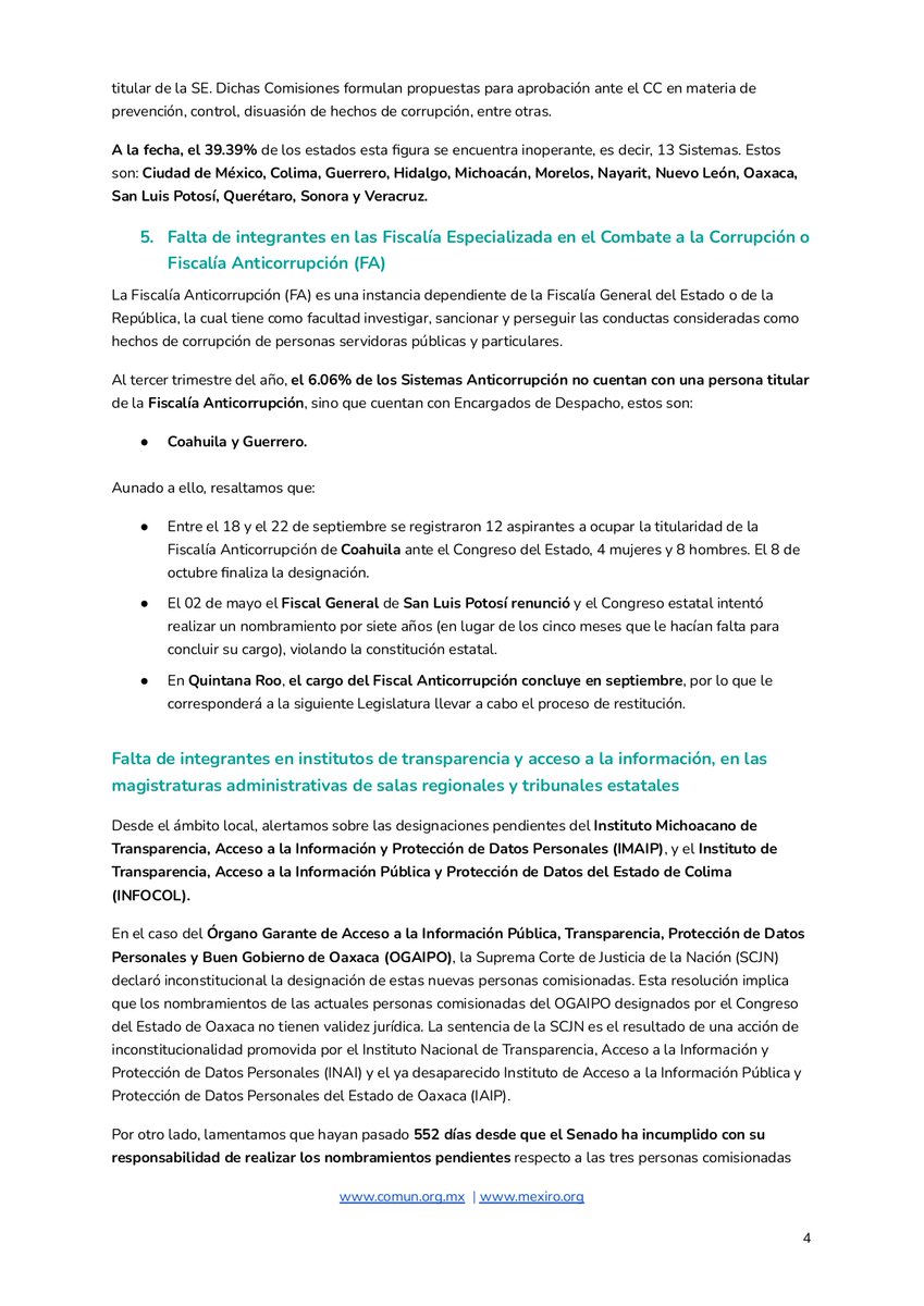 #SistemasAnticorrupción | 🔴 El gobierno de <a href="/Claudiashein/">Claudia Sheinbaum Pardo</a> inicia solamente con el 12% de designaciones completas de las instituciones que previenen, detectan, investigan y sancionan faltas administrativas y hechos de corrupción.

Más de 20 OSC del país exigimos que esto cambie 👇🏽