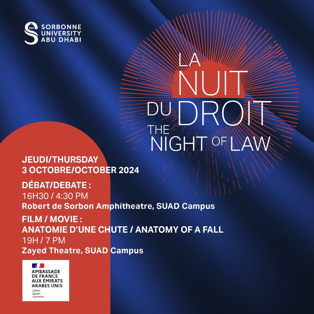 N. Martial-Braz (@nmblex) on Twitter photo Tonight <a href="/SorbonneAD/">Sorbonne University Abu Dhabi</a>
We wait for you for this first “nuit du droit”
<a href="/FranceEmirats/">France aux Emirats 🇫🇷🇪🇺</a> <a href="/IFintheUAE/">InstitutFrançais-UAE</a> <a href="/Sorbonne_Univ_/">Sorbonne Université</a> <a href="/DroitEGUParis/">Faculté de Droit, d'Économie et de Gestion</a> <a href="/univ_paris_cite/">Université Paris Cité</a> Tonight <a href="/SorbonneAD/">Sorbonne University Abu Dhabi</a>
We wait for you for this first “nuit du droit”
<a href="/FranceEmirats/">France aux Emirats 🇫🇷🇪🇺</a> <a href="/IFintheUAE/">InstitutFrançais-UAE</a> <a href="/Sorbonne_Univ_/">Sorbonne Université</a> <a href="/DroitEGUParis/">Faculté de Droit, d'Économie et de Gestion</a> <a href="/univ_paris_cite/">Université Paris Cité</a>