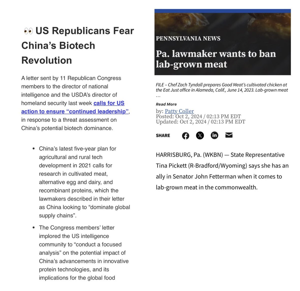 khademh's tweet photo. π« While states like Pennsylvania & Florida are banning cultivated meat, some Republicans are warning that China is pulling ahead in the same tech π§¬. So, are we blocking innovation or letting others lead the future of food? ππ€ #CultivatedMeat #TechParadox #FoodTechRace https://t.co/EdudwKEd7s