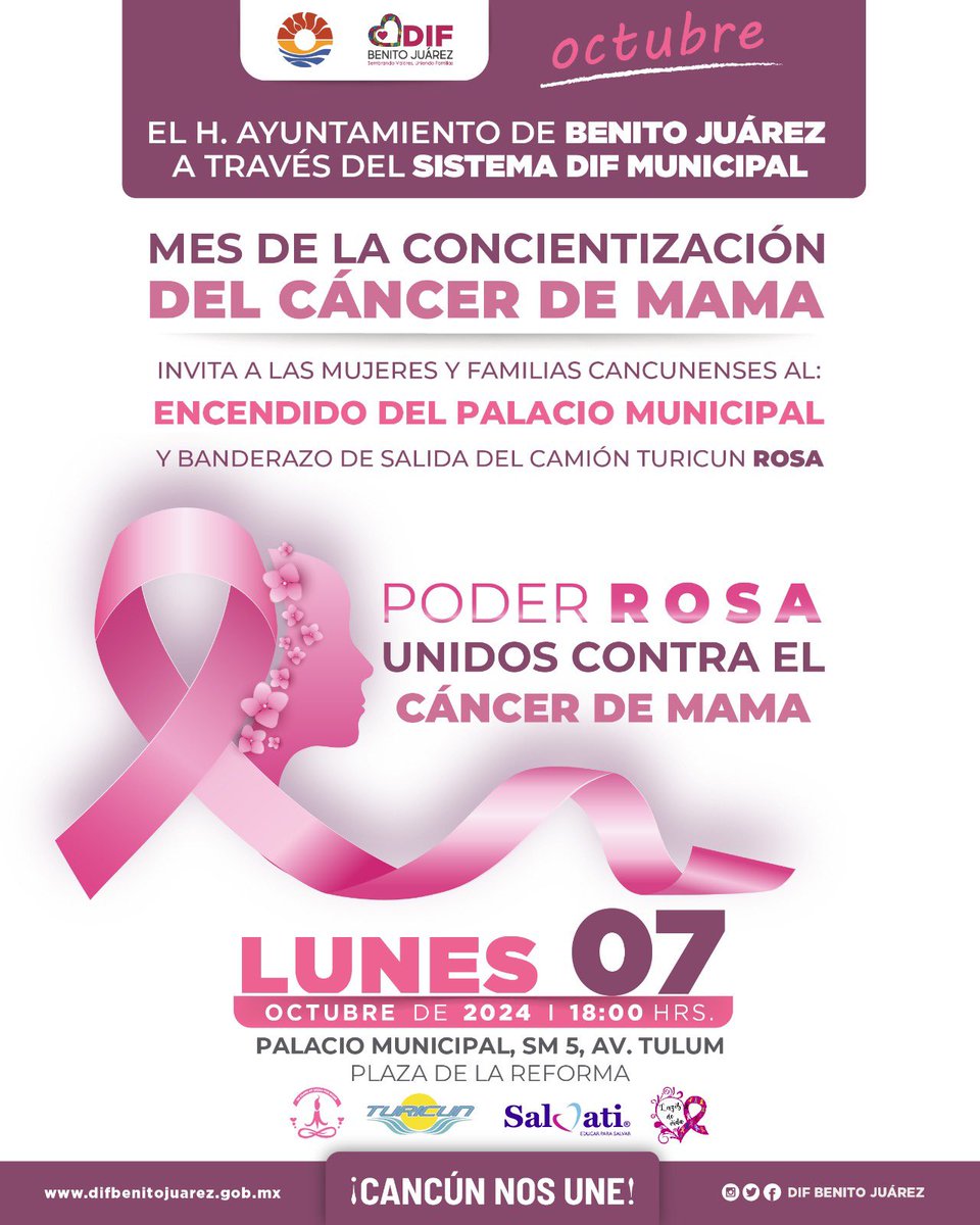 AytoCancun's tweet photo. Sigamos promoviendo la importancia de la detección oportuna del Cáncer de Mama. Les esperamos en el encendido del Palacio Municipal y banderazo de salida del camión Turicún Rosa el 7 de octubre a las 6:00 de la tarde. Unidos somos #PoderRosa.🌸

#CancúnNosUne🤝
@anapatyp https://t.co/V5IUvFYKNA
