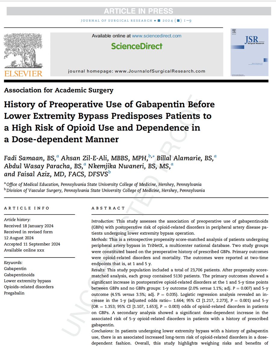 Faisal Aziz MD, MBA, FACS, Distinguished FSVS (@fa_vascularmd) on Twitter photo Penn State VSORT's recent research evaluated the effects of preoperative gabapentinoids on long-term opioid-related disorders in patients undergoing lower extremity bypass surgery. <a href="/ahsanzileali/">Ahsan Zil E Ali</a> <a href="/FSamaan/">Fadi Samaan</a> <a href="/AbdulWasay2026/">Abdul Wasay Paracha</a>
<a href="/JSurgRes/">Journal of Surgical Research</a> <a href="/PennStHershey/">Penn State Health</a> <a href="/PennStVascular/">Penn State Vascular Surgery Residency</a> Penn State VSORT's recent research evaluated the effects of preoperative gabapentinoids on long-term opioid-related disorders in patients undergoing lower extremity bypass surgery. <a href="/ahsanzileali/">Ahsan Zil E Ali</a> <a href="/FSamaan/">Fadi Samaan</a> <a href="/AbdulWasay2026/">Abdul Wasay Paracha</a>
<a href="/JSurgRes/">Journal of Surgical Research</a> <a href="/PennStHershey/">Penn State Health</a> <a href="/PennStVascular/">Penn State Vascular Surgery Residency</a>