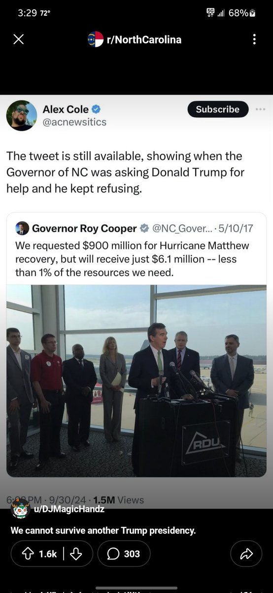 CryptoTraderJim's tweet photo. Kind of like when Trump only approved 1 percent of requested funds during Hurricane Matthew. https://t.co/gKEOUWVSx0