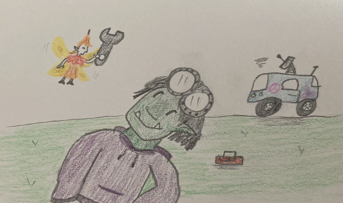CharlotteGTLive's tweet photo. Day 2: #magiktober Nymph, #fivenightstober24 Parts and Service, #cosytober2024 Leaf, #d2ntober Sequel. (Gorgug getting help on the hang van) #dimension20 https://t.co/0jSAtNqcMb