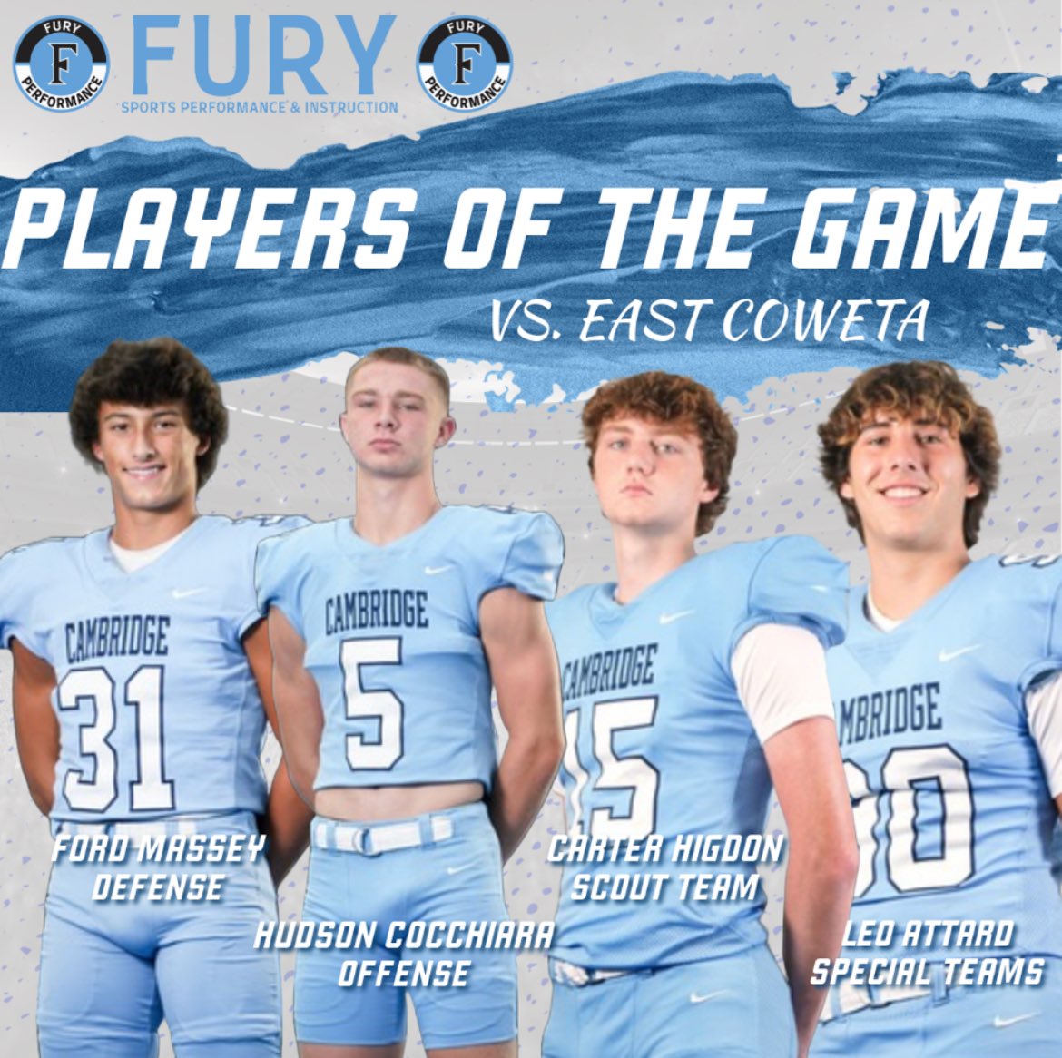 Congrats to our Players of the Game vs East Coweta. Sponsored by <a href="/FuryPerformance/">Fury Performance</a> 

Offense - Hudson Cocchiara 
Defense - Ford Massey
Special Teams - Leo Attard
Scout Team - Carter Higdon