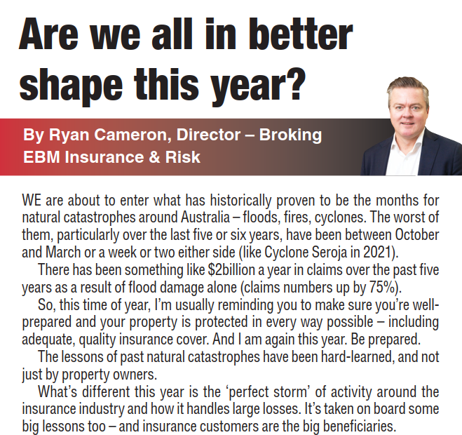 In this month’s article, Ryan Cameron discusses the lessons we’ve all learned from large losses over recent years due to floods, fire and cyclones. 

Read more on page 31 of this week’s Farm Weekly.

#agriculture #farming #australia