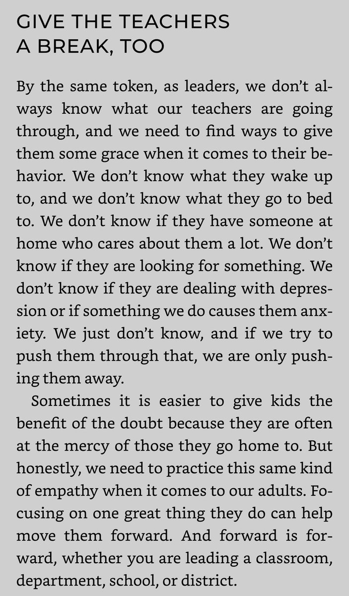 suptking's tweet photo. I’m reading a great book 📚 from our book study, and this part really hit home: We don’t always know what our teachers are going through, so a little grace and empathy can make all the difference. Focusing on their strengths helps them move forward—and forward is forward. #SeniorLeadership #Grace #Empathy