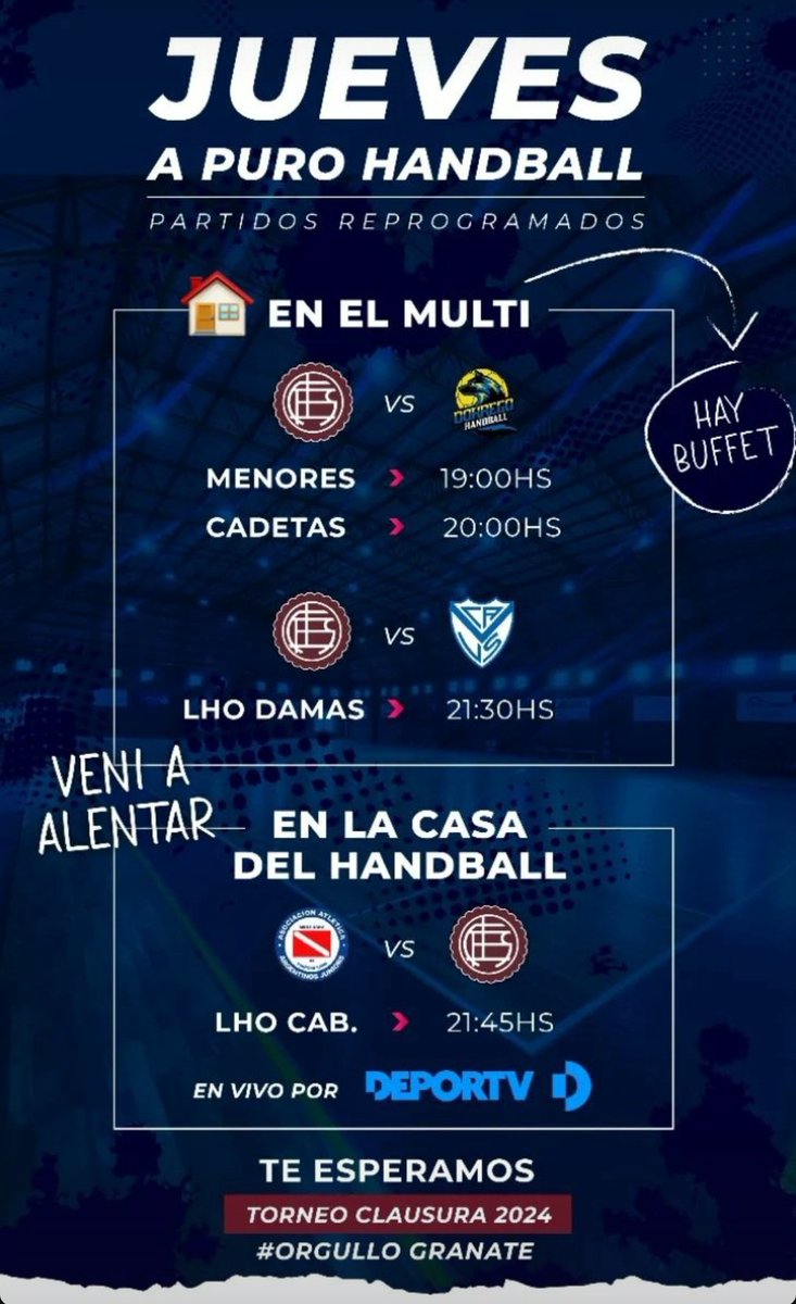 Mañana es día de Handball en Lanús!

FEMENINO 
En el Multi Quindimil

- 19hs: Menores vs Dorrego 
- 20hs: Cadetas vs Dorrego
- 21:30hs: LHO Damas vs Vélez 

MASCULINO:
Como visitante
- 21:45hs: LHO Caballeros vs Argentinos Juniors

Transmisión en vivo por DeporTV #HandballLanus