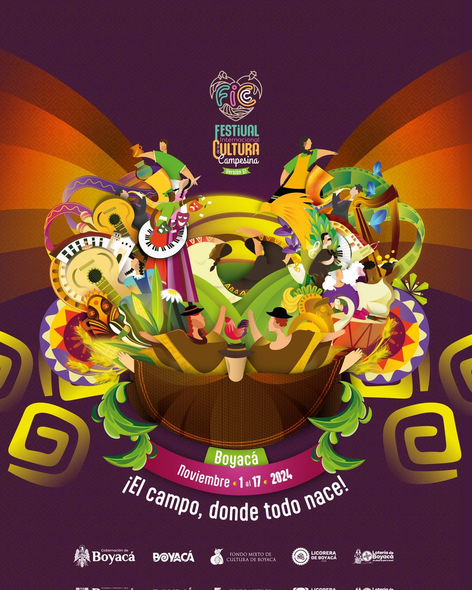 SecDesarrolloEB's tweet photo. ¡Presentamos el cartel oficial del FICC 2024 🎭! 

En nuestra identidad visual se fusionan valores esenciales como la vida, lo natural y el legado cultural. 

La ilustración destaca a los campesinos, quienes abren sus brazos en un escenario lleno de tradición, dinamismo y color. https://t.co/tb4d0G0ybs