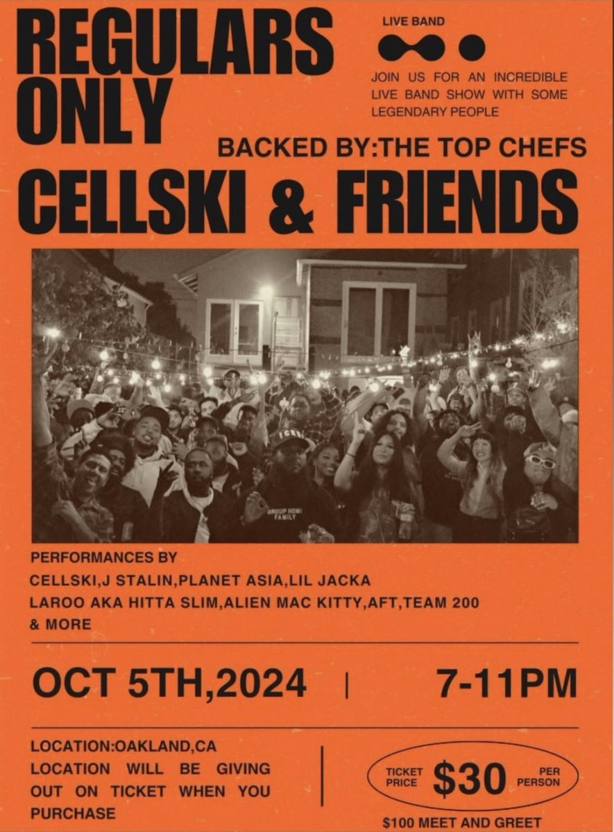 Cellski &amp; Friends x Regulars Only.
Saturday in Oakland.

More info and tickets: eventbrite.com/e/cellski-frie…
