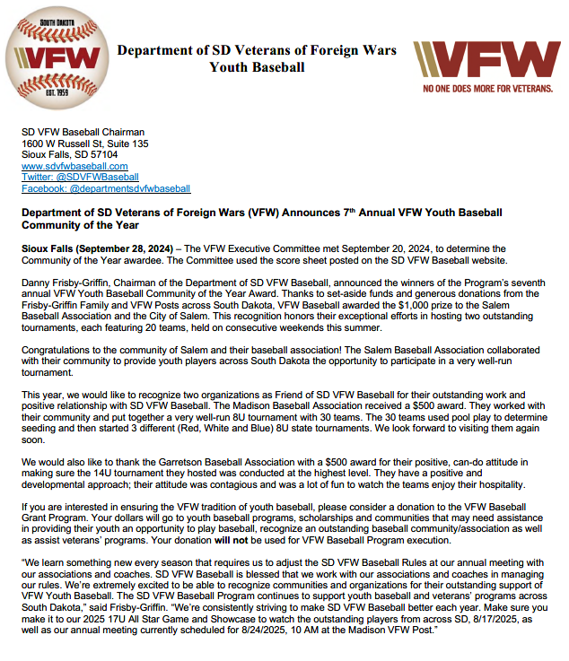 Congratulations to our 2024 SD VFW Baseball Community of the year and Friends of VFW Baseball Honorees.
Community of the Year: Salem Baseball Association
Friend of SD VFW Baseball: Garretson Baseball Association
Friend of SD VFW Baseball: Madison Baseball Association