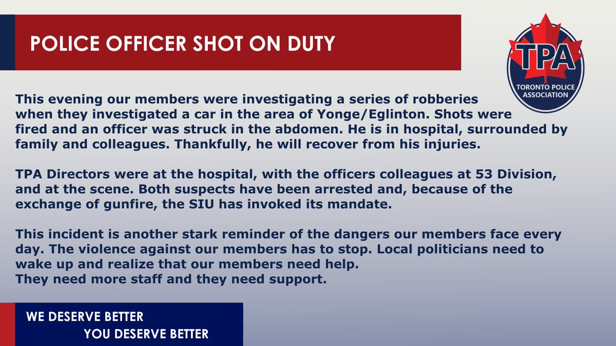 Toronto Police Association (@tpaca) on Twitter photo Thankfully our officer will recover from his injuries, but tonight is another stark reminder of the dangers our members face every day. Violence against our members has to stop. @TPAReid <a href="/TPACallanan/">Brian Callanan</a> Thankfully our officer will recover from his injuries, but tonight is another stark reminder of the dangers our members face every day. Violence against our members has to stop. @TPAReid <a href="/TPACallanan/">Brian Callanan</a>