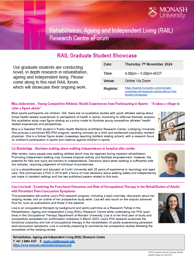 Monash RAIL Research Centre (@railmonash) on Twitter photo We're so proud of the PhD students working with
<a href="/RAILMonash/">Monash RAIL Research Centre</a>!
Come hear <a href="/MJederstrom/">Moa Jederström</a> <a href="/lisa_licciardi/">Lisa Licciardi</a> & Liz Bainbridge present their research at our free online student showcase
Date/time: 7 Nov 4-5pm AEDT
Register: events.humanitix.com/monash-univers…
<a href="/SPAHCMonash/">Monash Uni Primary and Allied Health Care</a> <a href="/CurtinUni/">Curtin University</a> We're so proud of the PhD students working with
<a href="/RAILMonash/">Monash RAIL Research Centre</a>!
Come hear <a href="/MJederstrom/">Moa Jederström</a> <a href="/lisa_licciardi/">Lisa Licciardi</a> & Liz Bainbridge present their research at our free online student showcase
Date/time: 7 Nov 4-5pm AEDT
Register: events.humanitix.com/monash-univers…
<a href="/SPAHCMonash/">Monash Uni Primary and Allied Health Care</a> <a href="/CurtinUni/">Curtin University</a>