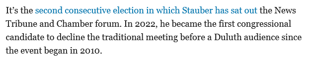 McPhersonHall's tweet photo. Wonder how many of the attendees at the #MNCD8 #Election2024 forum hosted by the News Tribune and #Duluth Area #ChamberOfCommerce will be saying "I never met @RepPeteStauber" since he has declined to participate ?
@PeteStauber's #OurWayOfLive is to avoid #MN08 constituents ! https://t.co/WVNvVYJrXg