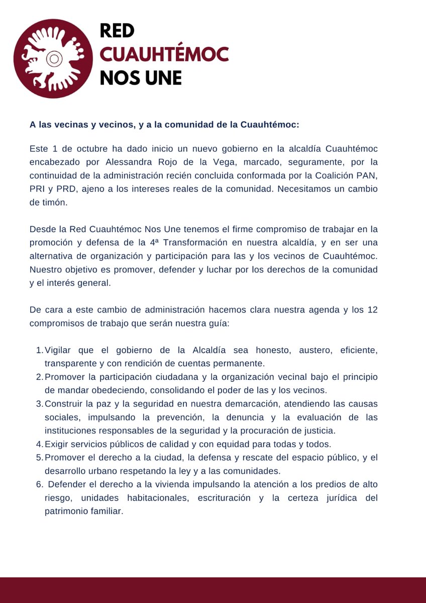 CuauhtemocRed's tweet photo. El día de ayer también inició un nuevo gobierno en la Alcaldía Cuauhtémoc. Un gobierno de la Coalición PAN/PRI/PRD, y como militantes de la Cuarta Transformación en la demarcación nos pronunciamos en los siguientes términos: 👇🏻 https://t.co/O6CxlURYdc