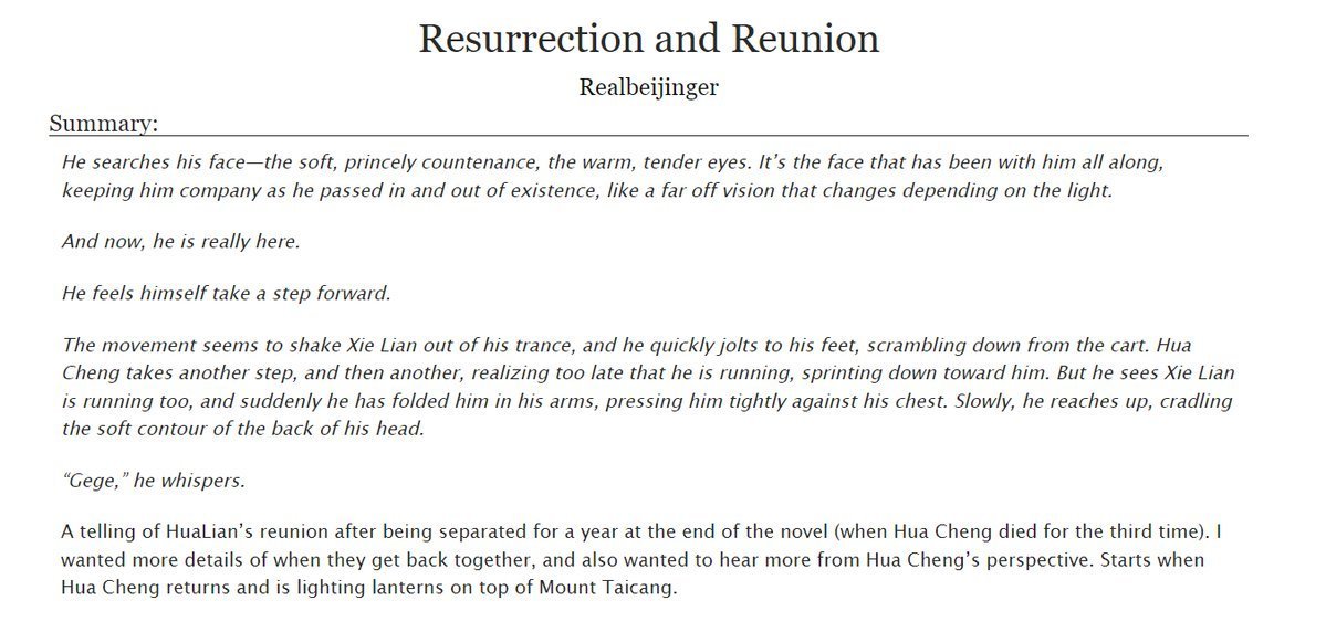 realbeijinger1's tweet photo. Chapter 4 of my Hualian fic, Resurrection and Reunion, is up now! Lots of fluff and feels, a touch of angst. Enjoy!

https://t.co/wUCTiJagAN

#TGCF  #hualian  #天官赐福  #HeavenOfficialsBlessing  #TianGuanCiFu  #XieLian  #HuaCheng https://t.co/MS7l9z5KEw