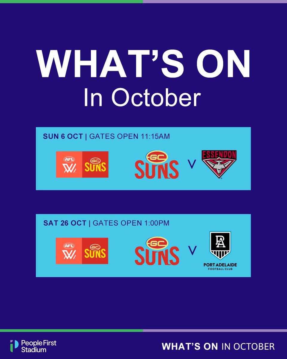 PeopleFirstSt's tweet image. It’s footy fever in the month of October as the @GoldCoastSUNS play their final two home games of the @aflwomens 2024 season.