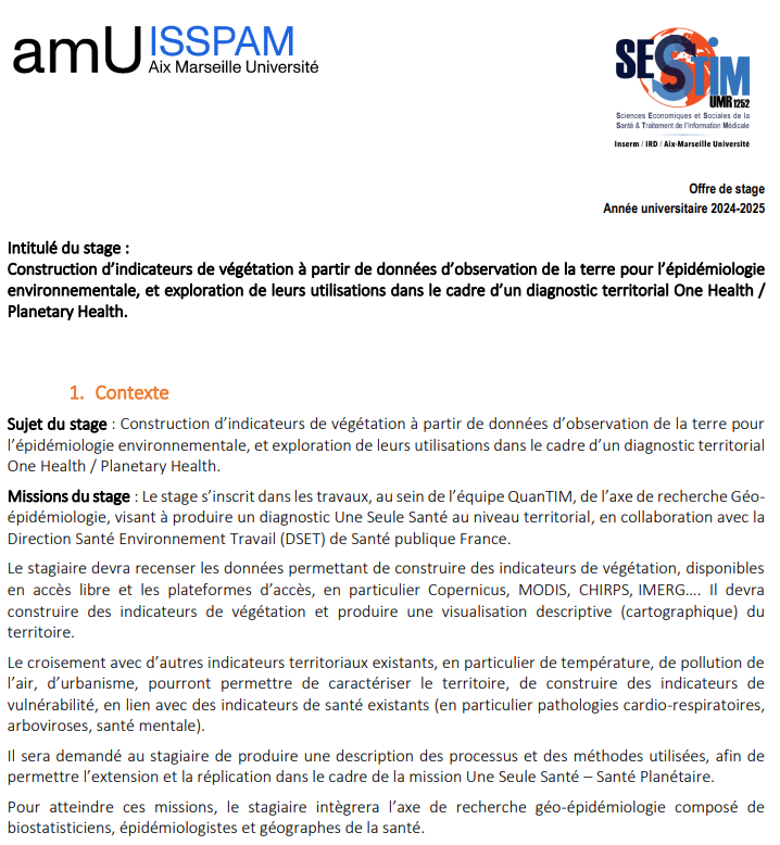 SESSTIM's tweet photo. [#Emploi] Notre équipe QuanTIM (Géo-épidémiologie et Santé Globale) propose un stage de M2 (6 mois) à pourvoir à partir de Janvier 2025 !

💻 https://t.co/h7yJBqDxaw https://t.co/eeQeDxS4qG