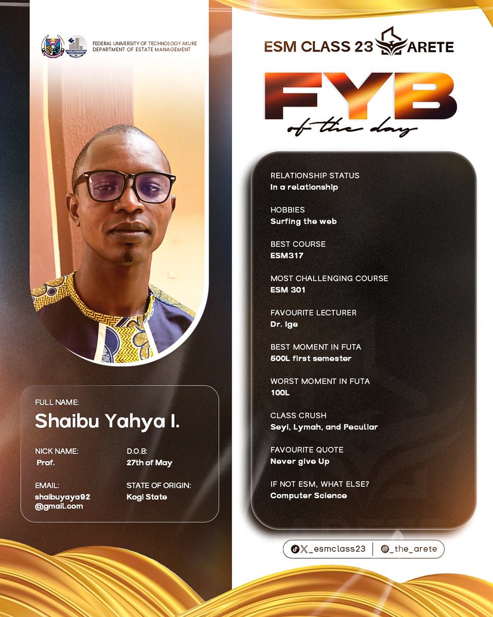 Esmclass23's tweet photo. Meet Shaibu, the Arete of the day.
Also known as Prof,

Prof is a go-to guy for just about anything, always willing to help any way he can, If you have a problem with your laptop, Prof is your man.

He is a Tech guy and knows a lot about Laptops, Gadgets and Cars, https://t.co/3YzIwOhCOC