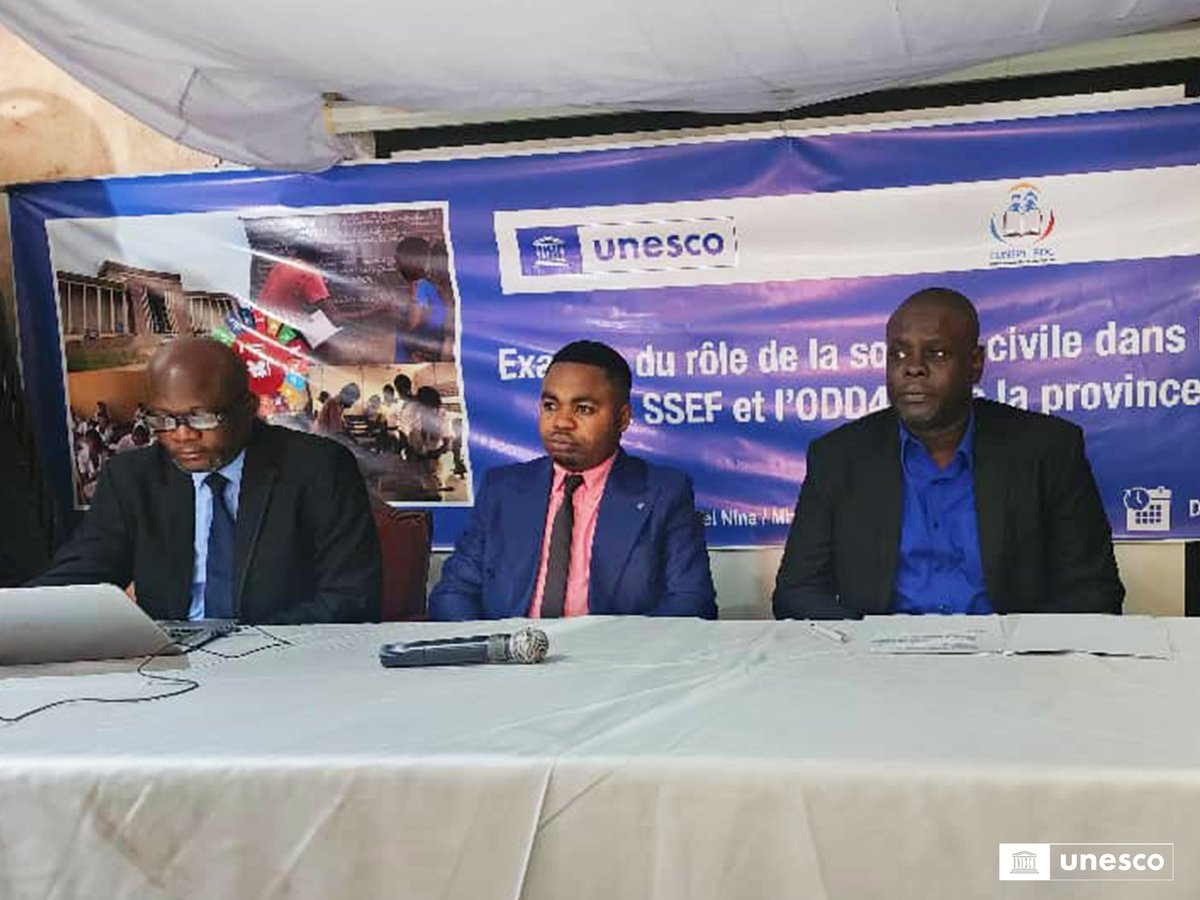 UNESCOKinshasa's tweet photo. L'#UNESCO &amp;  le #CONEPT appuient le renforcement du financement innovant dans l’#Equateur.
✳L’atelier de l’examen du rôle de la #SoCiv dans la mise en œuvre de la Stratégie Sectorielle de l’Education &amp; la Formation &amp; de l'#ODD4 dans l'Equateur se tient à #Mbandaka du 02-04/10. https://t.co/DYjr8FTvlI