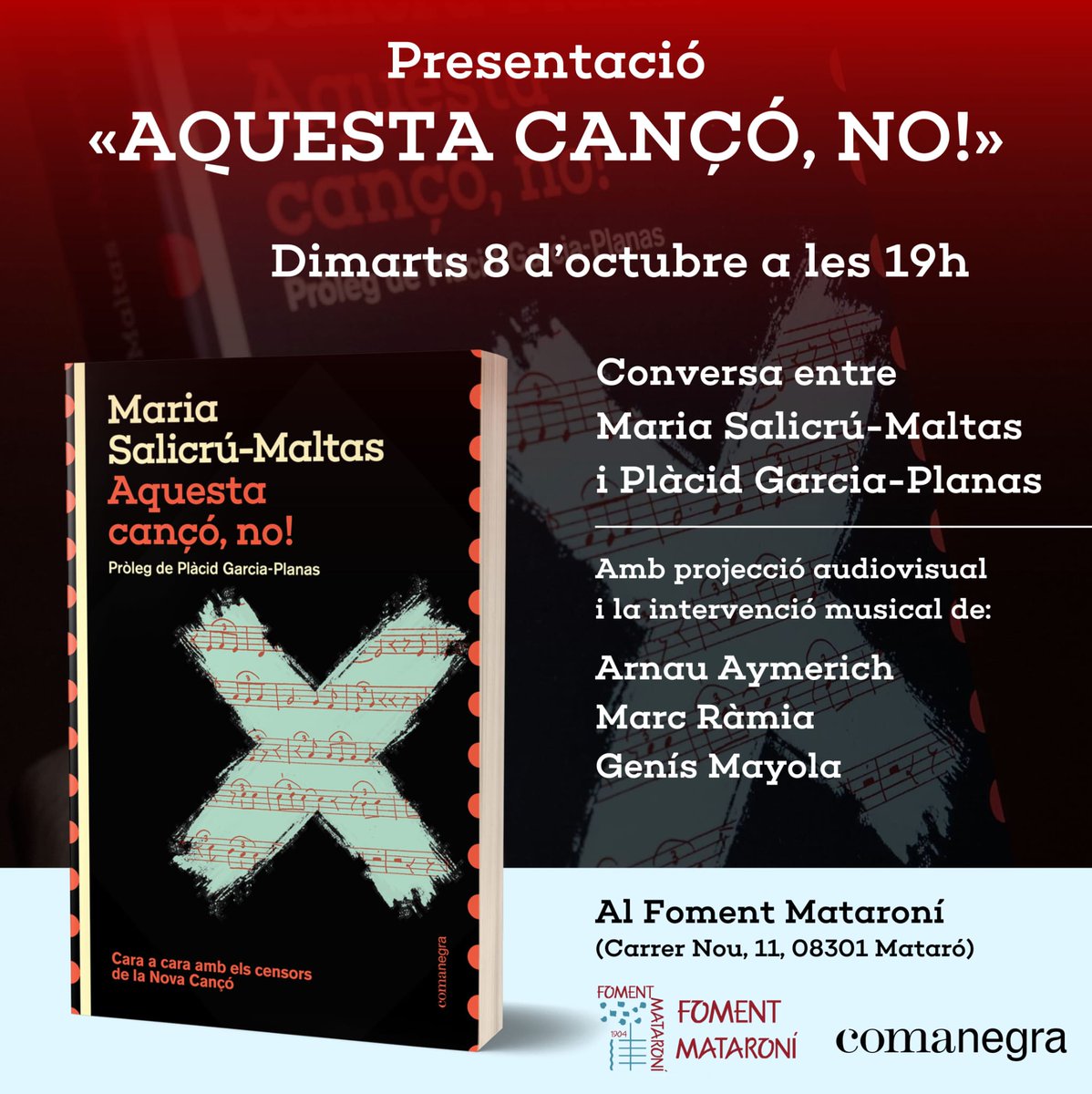 La setmana que ve la Maria Salicrú-Maltas presenta el llibre "Aquesta cançó, no!" Al Foment de Mataró. Hi recull la seva recerca sobre la censura a la nova cançó, en convesa amb Plàcid García-Planas. Privilegi d'amiga, allí serem!

<a href="/__sali_/">Maria Salicrú-Maltas</a> <a href="/placidplacid/">placid garcia-planas</a> <a href="/FomentMataroni/">Foment_Mataroní</a>