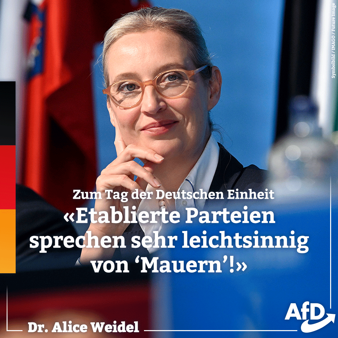 Alice_Weidel's tweet photo. Heute vor 34 Jahren wurde unser Land wiedervereinigt. Aus unserer Geschichte heraus sollte uns deshalb daran gelegen sein, vor allem einer gesellschaftlichen Spaltung entgegenzuwirken. Eine besondere Verantwortung dafür tragen die etablierten Parteien, wenn sie leichtfertig von Mauern sprechen und Teile der Bevölkerung vom demokratischen Diskurs ausschließen. #TagderDeutschenEinheit #Feiertag #Deutschland #AfD #NurnochAfD #JetztAfD #DeshalbAfD