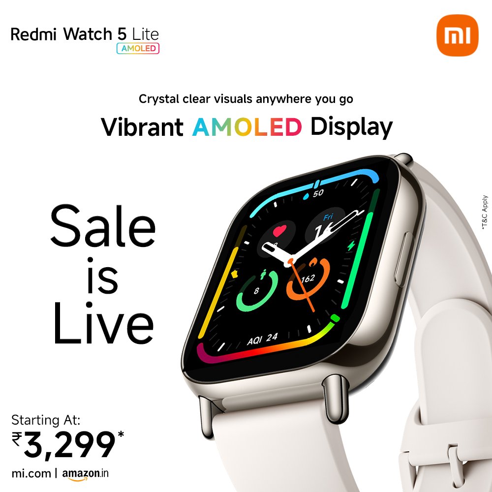 RedmiIndia's tweet photo. Whether indoors or outdoors, the #RedmiWatch5Lite's AMOLED display shines bright, giving you top-notch visuals anywhere!  

The Sale is Live.    

Buy Now: https://t.co/X6w7Dxc8T0 
#MakeYourWay https://t.co/hAgewfQGeB