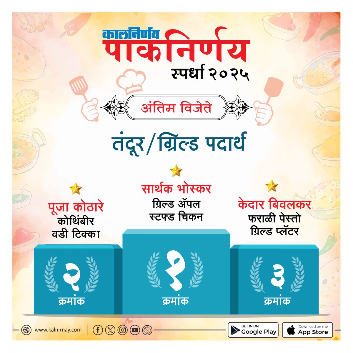 Kalnirnay's tweet photo. 'कालनिर्णय' आयोजित 'पाकनिर्णय २०२५' स्पर्धेस
आपण सर्वांनी दिलेल्या भरघोस प्रतिसादाबद्दल सर्व सहभागी
स्पर्धकांचे मनःपूर्वक आभार तसेच सर्व विजयी स्पर्धकांचे खूप खूप
अभिनंदन!💐😍
.
.
#Kalnirnay #Paknirnay2025 #Paknirnay #कालनिर्णय
#PaknirnayWinners #CookingContest #ContestIndia https://t.co/Ewn1wmqKfw