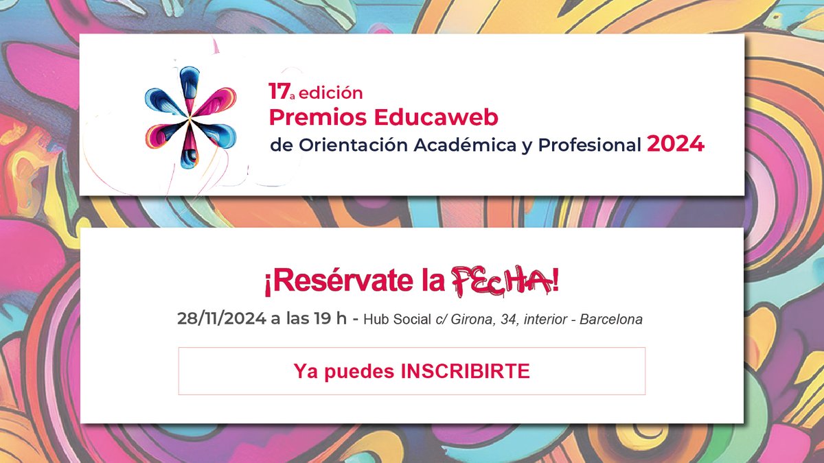 EDUCAWEB's tweet photo. 📣¡Ya puedes inscribirte a la 17ª edición de los #PremiosEducaweb!
👉 https://t.co/2diHdrruNU
Queremos compartir contigo esta celebración en la que se premian 🏆 los mejores proyectos de orientación académica y profesional
¡Te esperamos el próximo 28 de noviembre de 2024! 📅 https://t.co/VUhMqnFeNg