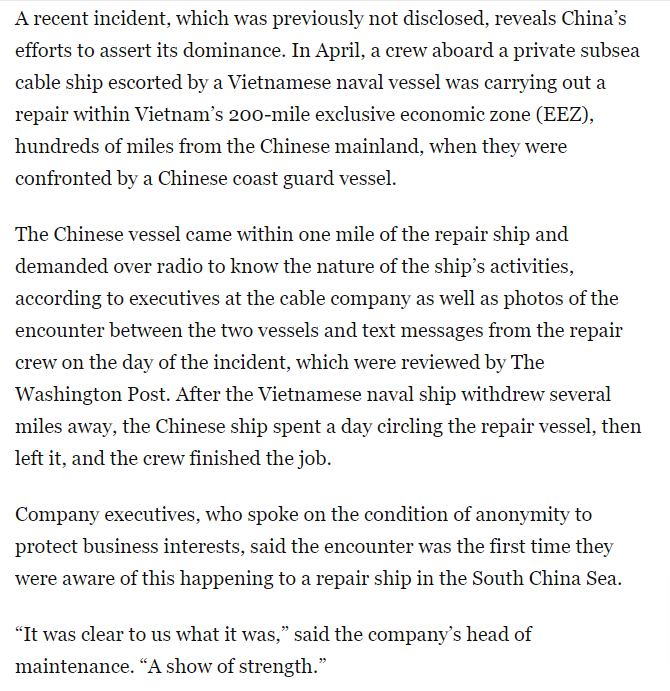 rebtanhs's tweet photo. In an incident in April, unreported until now, a cable ship conducting a repair off Vietnam found itself circled for hours by a Chinese coast guard ship. “It was clear to us what it was,” said an exec at the repair company. “A show of strength.” https://t.co/XuNLbZWsxL