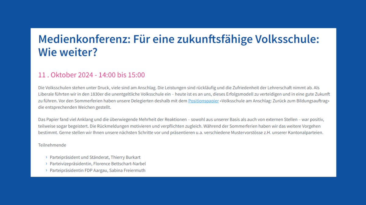 Die #integrative Schule ist gescheitert: Immer mehr Lehrerinnen und Lehrer trauen sich, dies auszusprechen. Die #FDP Schweiz informiert über die weiteren Schritte in der #Bildungspolitik mit dem Ziel: Zukunftsfähige Volksschulen in der ganzen Schweiz.