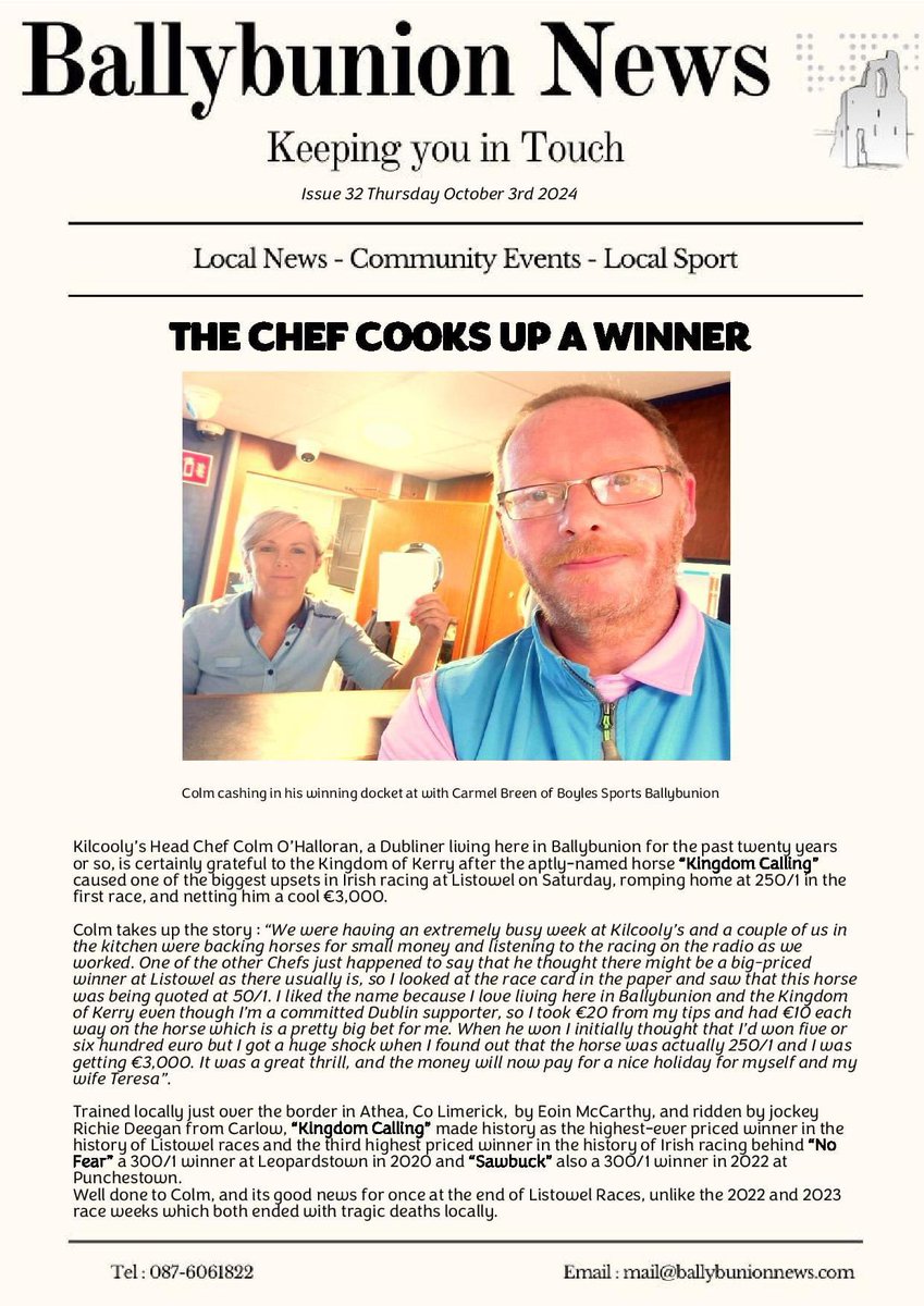 This week’s issue of Ballybunion News has been uploaded to the website. Its costs just €12 per annum to read and you can register at ballybunionnews.com