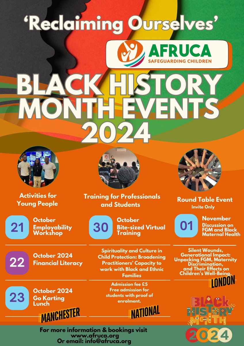AFRUCA is on LinkedIn and Instagram (@afruca) on Twitter photo AFRUCA Black History Month 2024
“Reclaiming Ourselves”
We <a href="/afruca/">AFRUCA is on LinkedIn and Instagram</a> are holding a series of events for young people, professionals and in our community to mark Black History Month in October 2024
Visit our website at www. Afruca.org to read more AFRUCA Black History Month 2024
“Reclaiming Ourselves”
We <a href="/afruca/">AFRUCA is on LinkedIn and Instagram</a> are holding a series of events for young people, professionals and in our community to mark Black History Month in October 2024
Visit our website at www. Afruca.org to read more