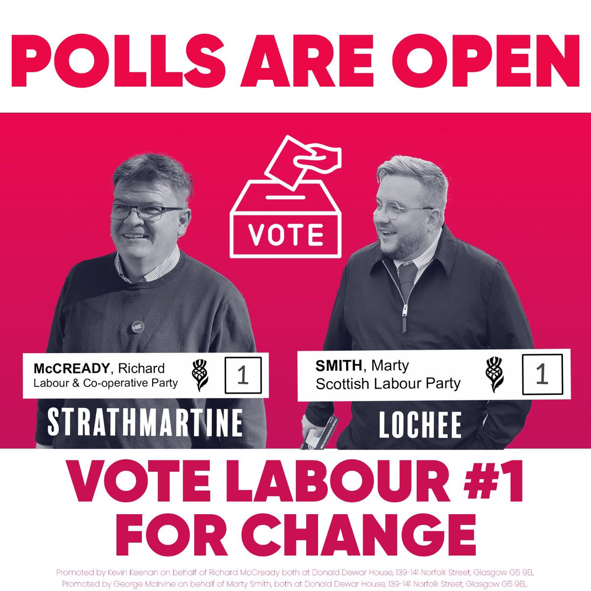 DundeeLabour's tweet photo. 🗳 IT’S POLLING DAY 🗳️

Polls are now open for the Dundee by-elections in the Strathmartine and Lochee wards. You can vote until 10pm at your local polling station. 

1️⃣ Vote @ScottishLabour #1 for change 

🌹 Marty Smith for Lochee 
🌹 Richard McCready for Strathmartine https://t.co/Y2qwf5UkKY