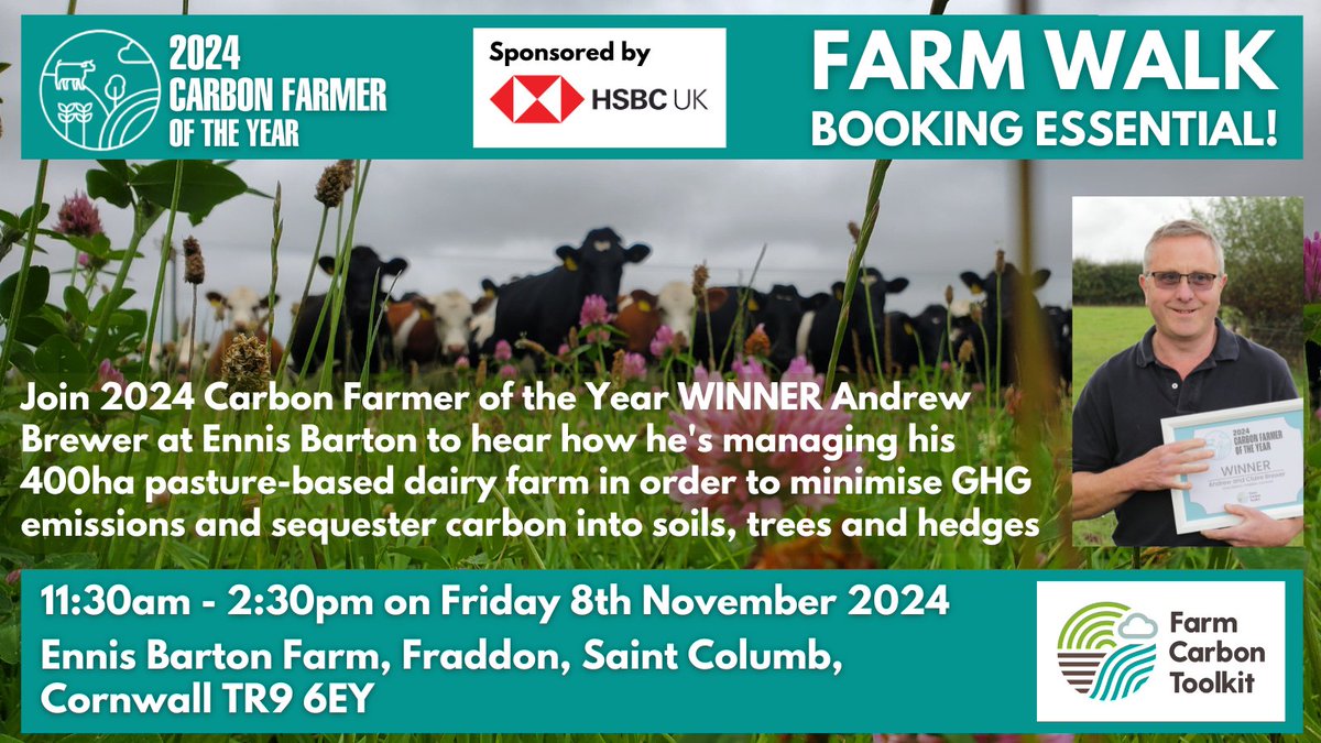 Join us for this Farm Walk with 2024 Carbon Farmer of the Year Andrew Brewer and find out how he's managing his 400ha pasture-based #DairyFarm to minimise GHG emissions and sequester carbon into soils, trees, and hedges👇
eventbrite.co.uk/e/carbon-farme…
#soilcarbon #teamdairy <a href="/HSBC_UK/">HSBC UK</a>