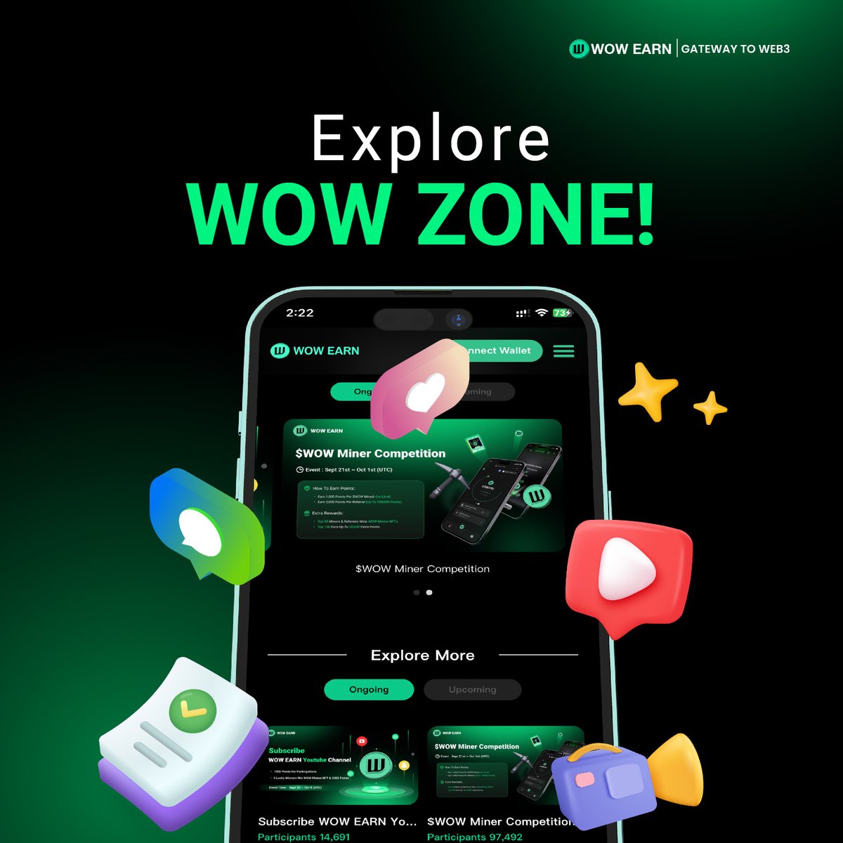 WOWEARNENG's tweet photo. Step into the WOW Zone—your gateway to exclusive tasks, events, and rewards! 🎯

 Complete missions and earn $WOW tokens while climbing the leaderboard. 🫡

Ready to level up? 🚀

 #WOWZone #WOWEARN #EarnRewards https://t.co/hGgLW4zY7P