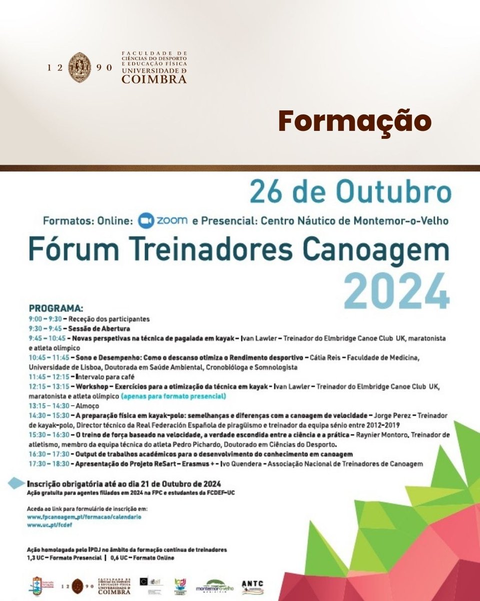 FcdefUC's tweet photo. Fórum de Treinadores de Canoagem 

Inscrições obrigatórias e gratuitas para os estudantes
da FCDEFUC e agentes filiados na FPCanoagem
em 2024.

📅 26 de outubro, 2024
⏰ 9h00 - 19h30
📍 Centro Náutico de Montemor-o-Velho
📝 Inscrições no link da bio.

👉 Mais info no nosso site. https://t.co/JbwloaTdRq