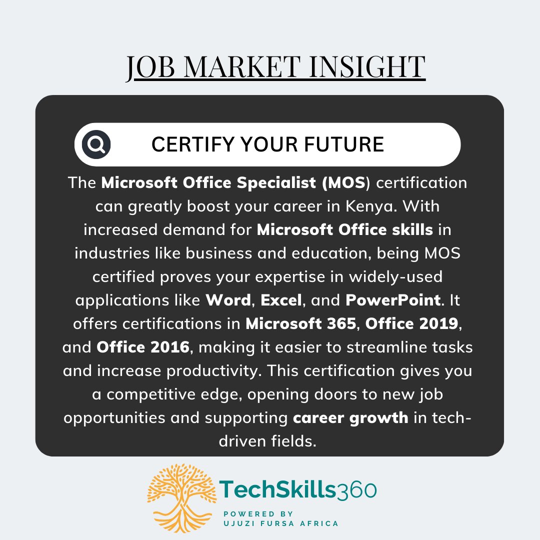 TechSkills360ke's tweet photo. Unlock new opportunities with the Microsoft Office Specialist (MOS) certification! Gain essential skills in Word, Excel, and PowerPoint to stand out in the job market. Donโt miss outโregister for the course today!
#TechSkills360 #MicrosoftOffice #MOSCertification #RegisterNow https://t.co/5Cw5U3dJZx