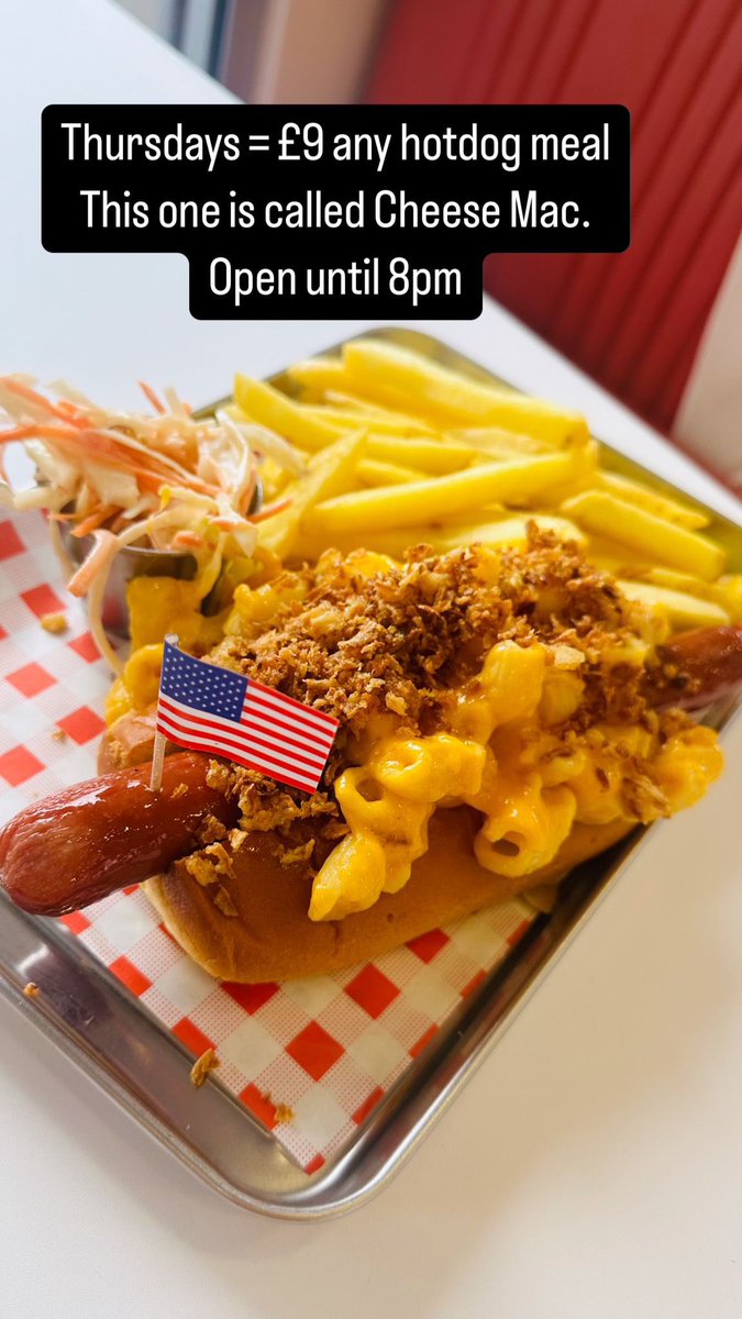 Thursdays £9 Hotdog day 🌭 
Choose from 👇
North Carolina Dog
Cheese Mac Dog
K-Dog
Plain Dog