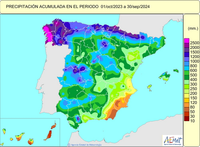 AEMET_Esp's tweet photo. 🧵☔El pasado 1 de octubre terminó el año hidrológico. Aunque en conjunto tuvo un carácter húmedo, dejó una distribución muy desigual de las lluvias en España.

Se acumularon 671 l/m², un 5 % más que la media del período 1991-2020. Fue un año más lluvioso que los tres previos. https://t.co/0yVTlXNXVl