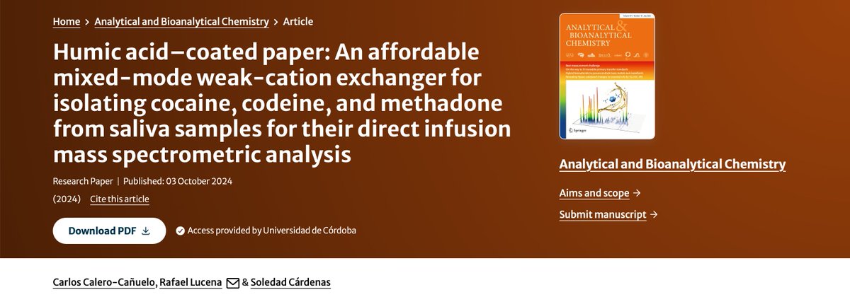 Carlos Calero (@cc_carloss) on Twitter photo Happy to announce that our latest work has been published in <a href="/AnalBioanalChem/">Anal Bioanal Chem</a>. In this article we explored the combination of two natural materials (cellulose/humic acid) for determining basic drugs in saliva samples. <a href="/msolcar/">Marisol Cárdenas</a> <a href="/Rafalucenaro/">Prof. Rafael Lucena</a> <a href="/AS2P_RG/">AS2P Research gr.</a>
👉 doi.org/10.1007/s00216… Happy to announce that our latest work has been published in <a href="/AnalBioanalChem/">Anal Bioanal Chem</a>. In this article we explored the combination of two natural materials (cellulose/humic acid) for determining basic drugs in saliva samples. <a href="/msolcar/">Marisol Cárdenas</a> <a href="/Rafalucenaro/">Prof. Rafael Lucena</a> <a href="/AS2P_RG/">AS2P Research gr.</a>
👉 doi.org/10.1007/s00216…
