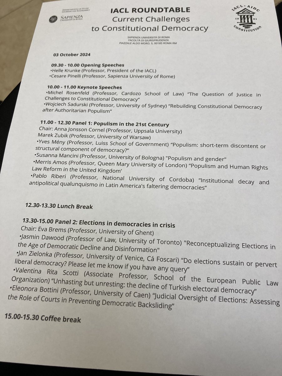 The <a href="/iacl_aidc/">IACL-AIDC</a> round table on Current challenges to constitutional democracy has started, with welcome speeches by the organizers, Prof. Pinelli from La Sapienza and Prof. Helle Krunke, president of the International Association of Constitutional Law.