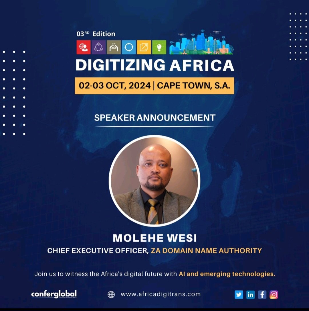 aftld's tweet photo. We are excited to share that Molehe Wesi- a Director on the AfTLD Board and the CEO of @dotZADNA will deliver a key presentation on "Protecting Africa's Digital Transformation: A Cybersecurity Imperative" during the Digitizing Africa 2024 event. 

#AfTLD #DigitizingAfrica https://t.co/vn7LInEtSg