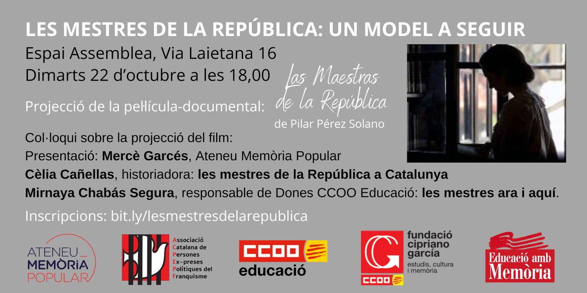 CCOOeducacio's tweet photo. Les mestres de República: un model a seguir
🗓️22 octubre
⏰18h
📍Espai Assemblea (Via Laietana, 16, Barcelona)

📽️"Las maestras de la República"
🗣️Mercè Garcés @Ateneu_Memoria
🗣️Cèlia Cañellas, historiadora
🗣️@mchabas1 dones CCOO Educació

🔗 Inscripcions: https://t.co/dM2kmO4y8y https://t.co/i1OOs8SbI9