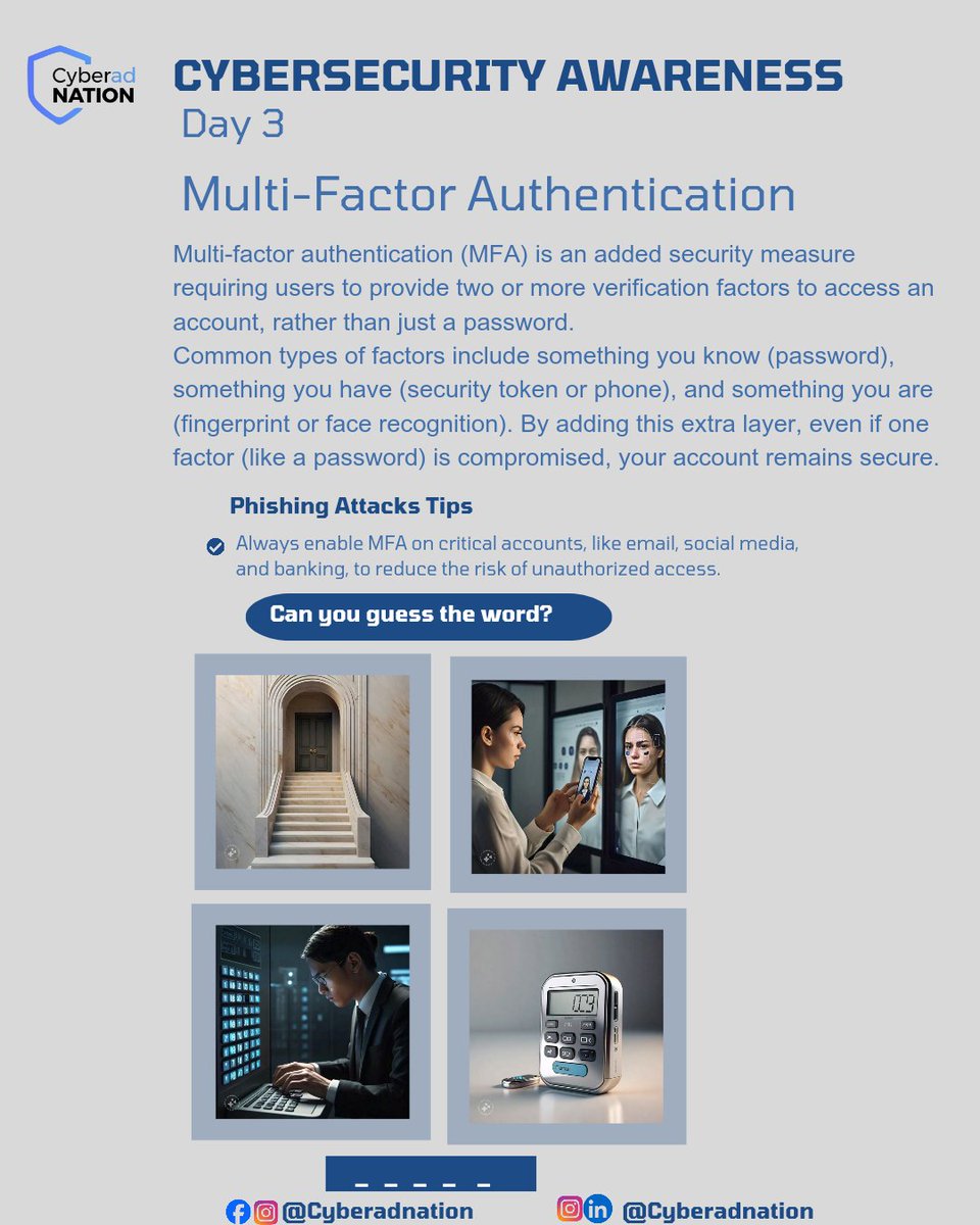 Adebhay's tweet image. Day3

MFA adds an extra layer of security by requiring two or more verification methods to log into your accounts.
It protects your data even if your password is compromised!

Protect Your Accounts Beyond Just Passwords!

#CybersecurityAwarenessMonth
#MultiFactorAuthentication
